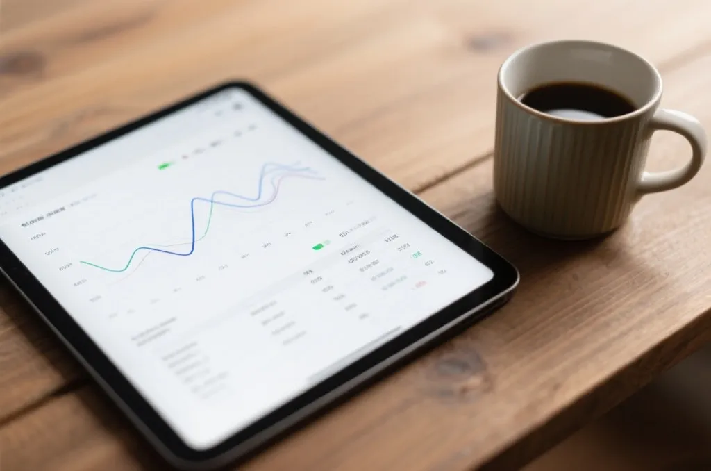 A close-up of a tablet displaying clean, abstract line charts and data tables, next to a ceramic coffee mug on a wooden surface, calm and focused atmosphere